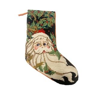 Vintage Needlepoint Santa Christmas Stocking Embroidered Beaded 20 inch